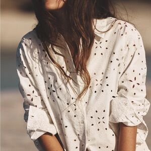 Zara White Eyelet Button Down Shirt